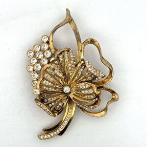 Estate Gold Tone Rhinestone Floral Brooch Pin 3.65" Vintage Costume Jewelry